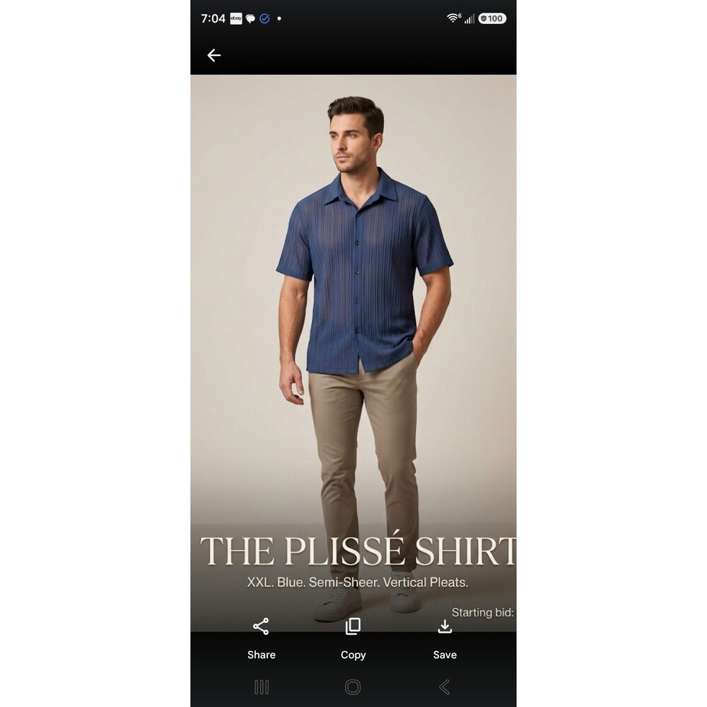 Blue Semi  Sheer Plissé (Pleated) Short Sleeve Button Down Cadual Blue Shirt XXL